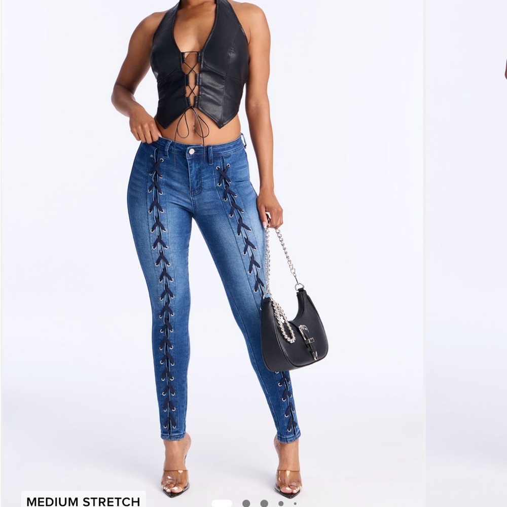 High-Rise Lace-Up Blue Women’s Jeans